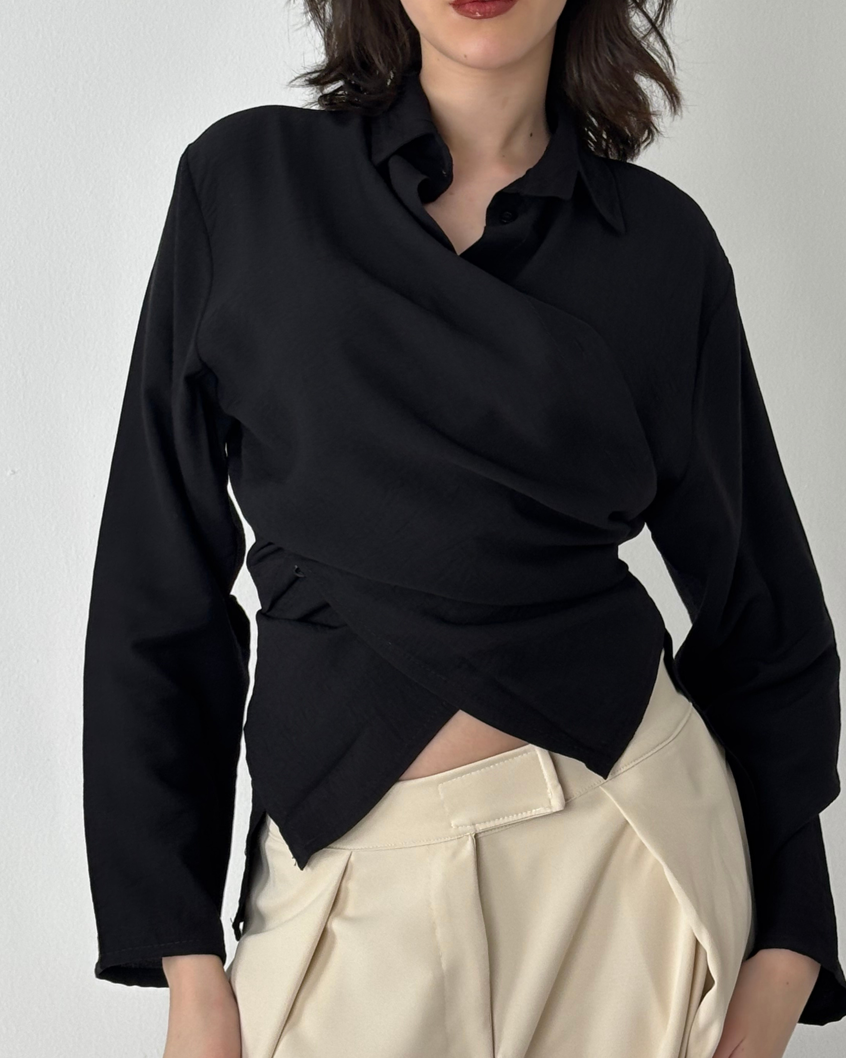 Linen-Blend Wrap Shirt
